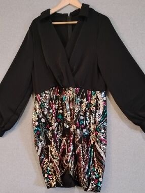 Source Unknown Black Long Sleeve Dress with Multicolor Sequin Skirt